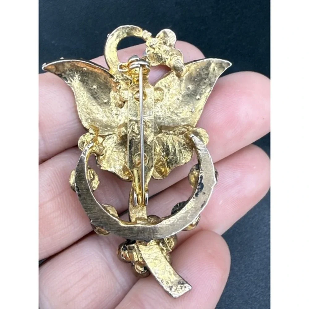 Vintage Butterfly Brooch Red Pink Clear Rhinestone Faux Pearl‎ Gold Tone